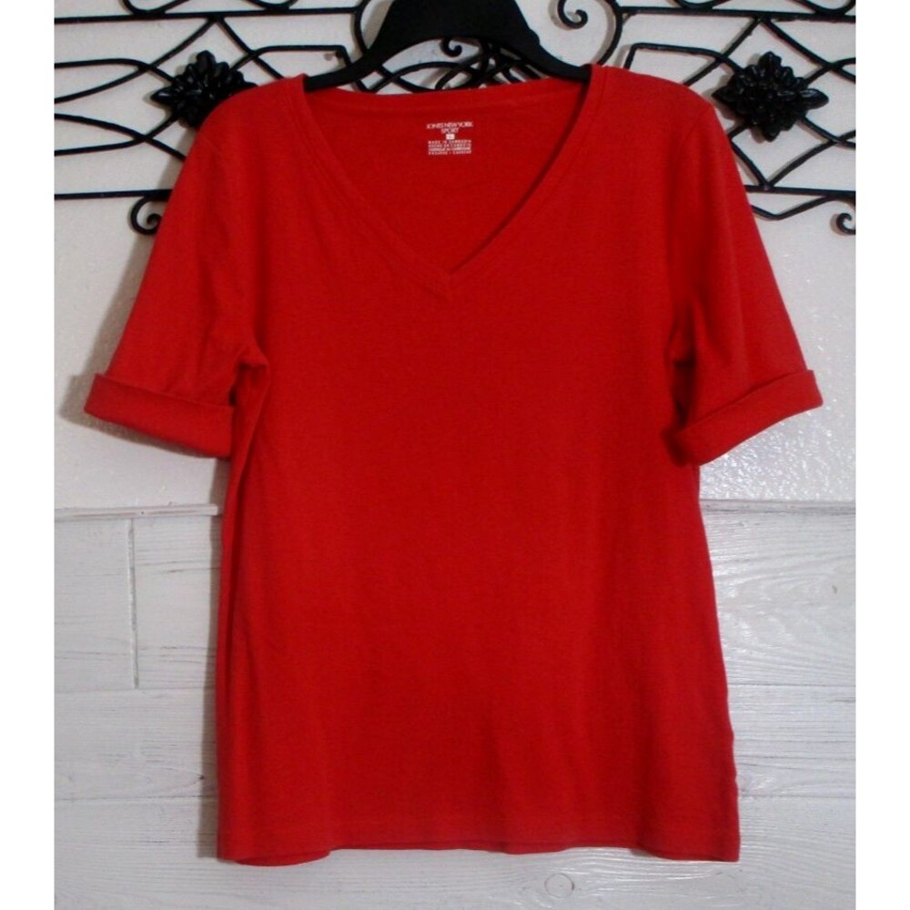 Jones New York Women's Top Size L Short Sleeve V Neck Red Orange